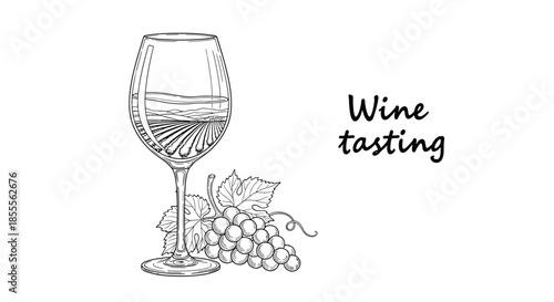 Hand-drawn vintage sketch of a wine glass next to a bunch of grapes with 'Wine tasting' handwritten text on the side.
