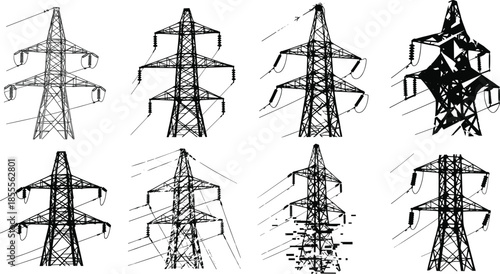 High voltage power transmission tower illustration set, detailed electricity grid infrastructure artwork, industrial energy pylon structures, utility engineering design collection