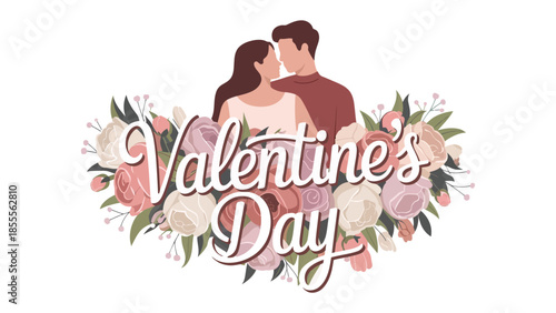 Valentine's Day Couple in Love: A romantic scene for Valentine's Day. A couple is in love surrounded by a wreath of blooming flowers, evoking feelings of love and affection.