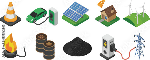 Isometric energy icons set, renewable and traditional power sources, electric car solar wind fossil fuels, smart home electricity concept