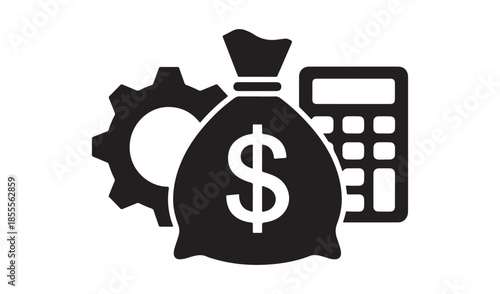 Black and white illustration with icons of a money bag, gear, and calculator for finance and business operations.