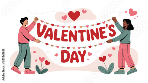 Valentine's Day Decorations: Two individuals, surrounded by hearts and festive embellishments, adorn a banner of Valentine's Day, illustrating the season's charm and expressions of love.