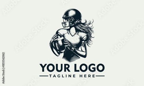 Vector logo design featuring a female American football player with long hair holding a ball, wearing a helmet, on a plain background with space for a tagline and customizable text.