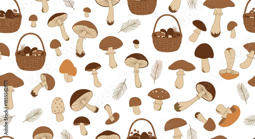 Seamless pattern with various types of hand-drawn forest mushrooms and wicker baskets, creating a rustic and natural background.