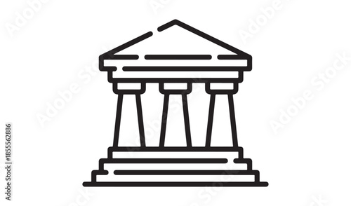 Minimalist vector icon of a Greek-style building with columns and a pediment, representing law or government.