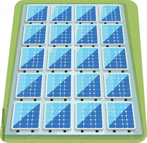 Solar panel array illustration, renewable energy power generation system, clean electricity technology, sustainable solar farm concept, modern green energy design