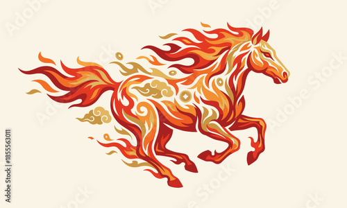 A Fire Horse for Chinese New Year concept with vibrant orange and red flames on a beige background.
