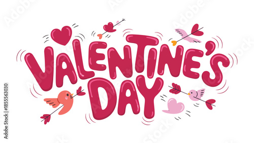 Valentine's Day graphic: Festive graphic celebrates Valentine's Day. It features red hearts, whimsical birds, and charming arrows that adds a touch of enchantment and warmth.