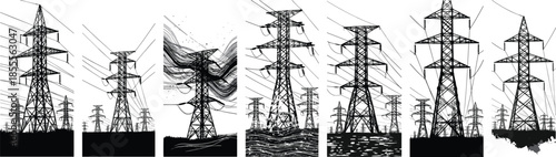 High voltage power transmission towers illustration, electric pylons silhouette artwork, energy infrastructure design, industrial power grid drawing, electricity lines