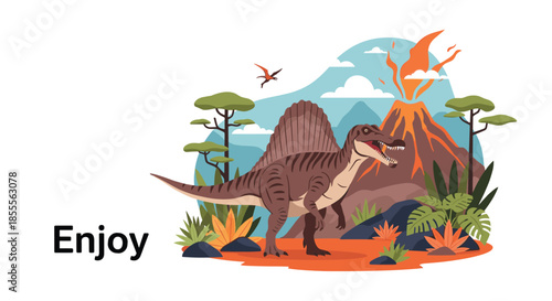 Spinosaurus dinosaur standing in a prehistoric landscape with lush tropical plants and an erupting volcano in the background.