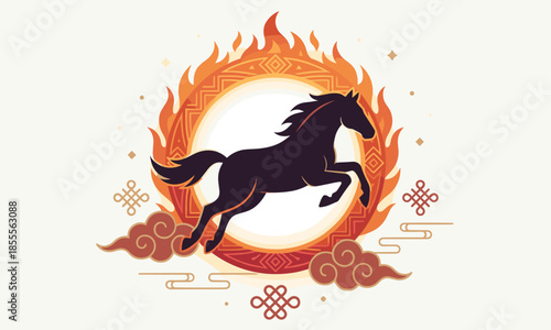 A black horse running through flames in a circular design with Chinese New Year elements and a warm color scheme.
