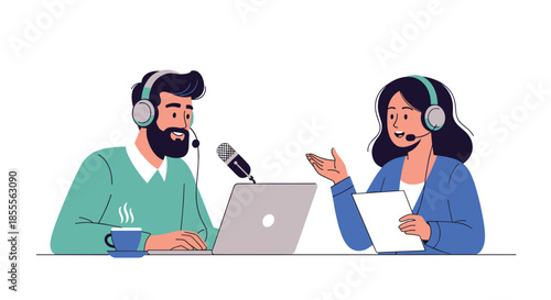 Man and a woman with headphones recording a podcast or radio show, sitting at a table with a microphone and a laptop.