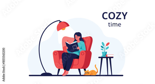 Young woman enjoying a cozy time at home, reading a book in a comfortable armchair under a warm lamp with her cat sleeping nearby.