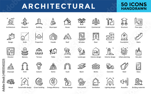 Architectural icons set with architecture, energy efficiency, passive design, ventilation, lighting design, acoustics, building materials icon. Simple hand drawn vector 
