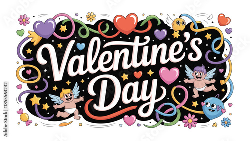 Valentine's Day illustration: An artistic rendering bursting with symbols of love and affection, featuring hearts, cupids, and joyful ornaments.