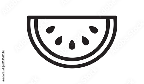 Simple line art icon of a slice of watermelon with seeds, representing summer, fruit, freshness, and healthy eating