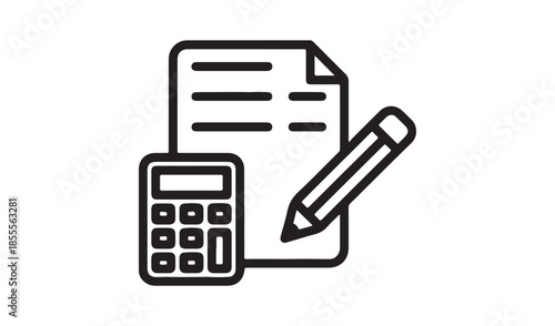 Line art icon set: calculator, document, and pencil, illustrating accounting, finance, planning, and administrative tasks