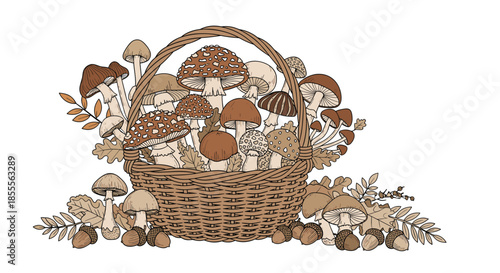 Beautifully detailed hand-drawn illustration of a wicker basket overflowing with assorted wild mushrooms, acorns, and autumn leaves.