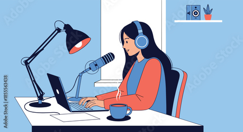 Young woman recording a podcast or streaming online, sitting at her desk with a laptop, microphone, and headphones in a home studio.