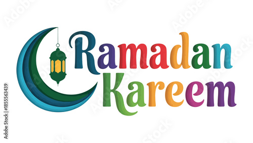 Ramadan Kareem Illustration: Colorful depiction of Ramadan Kareem with a crescent moon and a lantern, a visual emblem of the holy month.