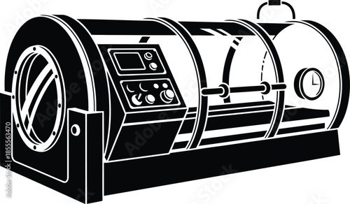 Modern hyperbaric oxygen therapy chamber with control panel and pressure gauge silhouette icon for medical healthcare wellness treatment isolated on white background vector.