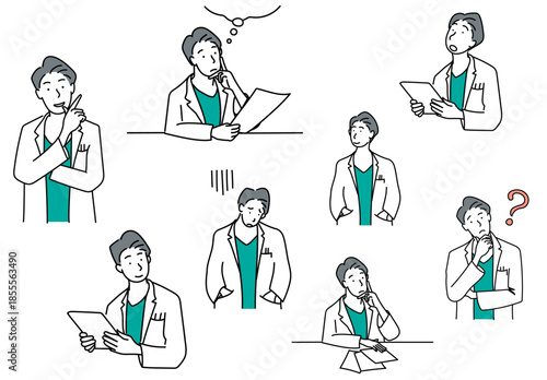 イラスト素材: 考える医者のイラストセット