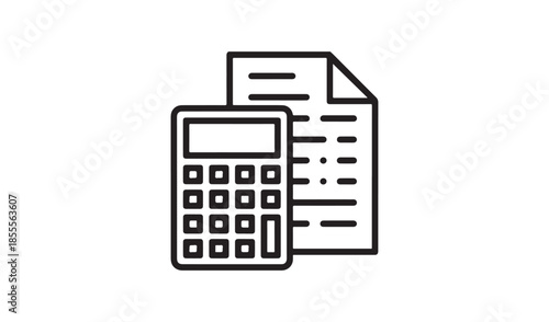 Vector icon showing a document with lines and a calculator, representing financial analysis and paperwork.