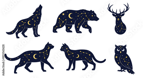 Mystical collection of forest animal silhouettes, including a wolf, bear, and deer, filled with a celestial starry night sky pattern.