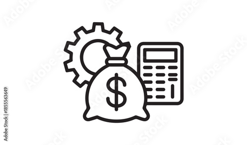 Vector icon set for finance and business: money bag with dollar sign, gear, and calculator in line art style.