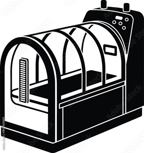 Modern hyperbaric oxygen therapy chamber silhouette icon with pressure gauge and control panel for medical healthcare wellness treatment isolated on white background vector art.