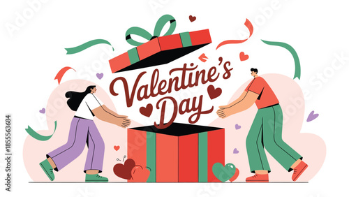 Valentine's Day Gift of Love: A couple opens a Valentine's Day gift box overflowing with love and joy, with hearts and confetti showering around them.