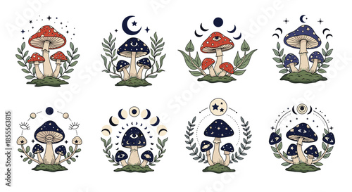 Beautiful collection of mystical and celestial mushrooms, decorated with moon phases, stars, and floral elements for a magical vibe.