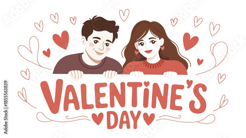 Valentine's Day Couple in Love: A tender Valentine's Day illustration, showcasing a cheerful couple sharing a moment of affection, surrounded by floating heart symbols.