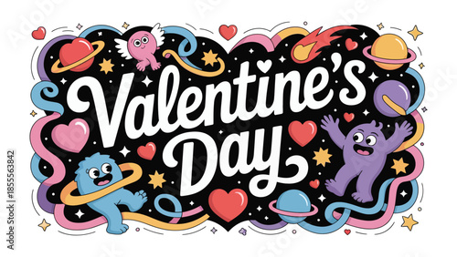 Valentine's Day Cosmic Celebration: A whimsical and colorful illustration captures the joy and excitement of Valentine's Day. It's a cosmic celebration of love.