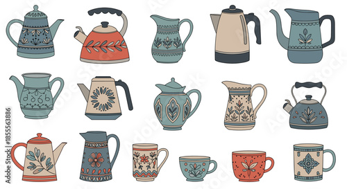 Large collection of hand-drawn vintage teapots, coffee pots, and mugs decorated with beautiful Scandinavian and folk-style ornaments.