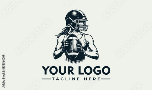 Vector logo illustration of a female American football player holding a ball with a helmet on, with space for a logo and tagline in a modern design.