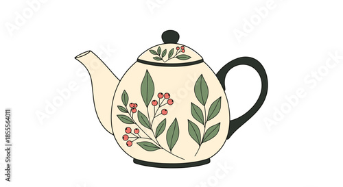 Elegant hand-drawn ceramic teapot decorated with a delicate pattern of green leaves and red berries, isolated on a white background.