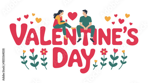 Valentine's Day Illustration: A vibrant Valentine's Day illustration, featuring a couple in love, embraced by hearts and floral elements, expressing joy and affection in a colorful design. 