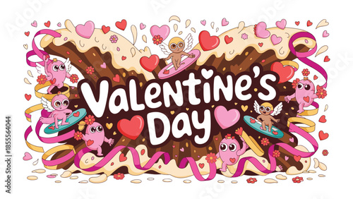 Valentine's Day Delight: A vibrant illustration showcasing the spirit of Valentine's Day with romantic elements like cupids, hearts, and celebratory ribbons, perfect for conveying heartfelt wishes.