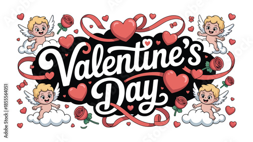Valentine's Day illustration: An enchanting illustration with heart, bow, and cherubic figures announces Valentine's Day. It is a visual ode to love and affection.