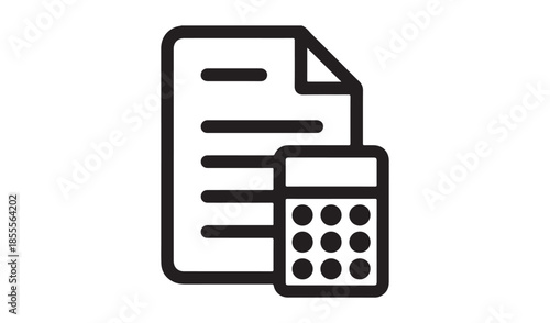 Simple line art icon of a document and a calculator, symbolizing financial tasks, calculations, and administrative work