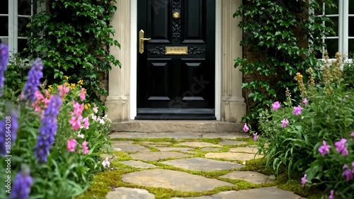 A picturesque view of a home's entrance, featuring a stone path and lush, colorful flowers, with a dark, elegant door and climbing greenery
