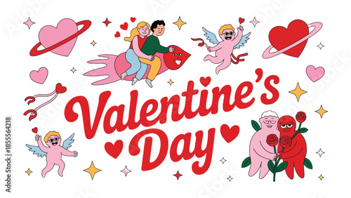 Valentine's Day Illustration: A vibrant and whimsical illustration captures the essence of love and celebration with heart symbols and affectionate imagery.