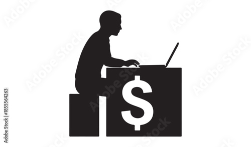 Silhouette illustration of a person working on a laptop on a desk with a large dollar sign.