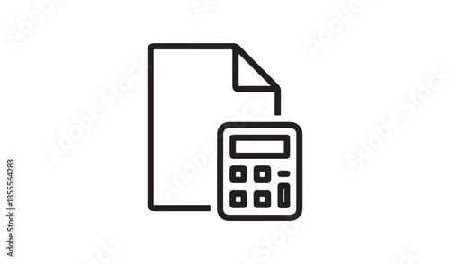 Simple icon showing a blank document next to a calculator, illustrating finance, budgeting, calculations, or paperwork
