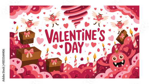 Valentine's Day Illustration: A vibrant and heartwarming illustration captures the essence of love and celebration with cupid cherubs, gift boxes, and heart symbols.