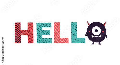 Cute Hello greeting with decorative patterned lettering and an adorable one-eyed horned monster character on a white background.