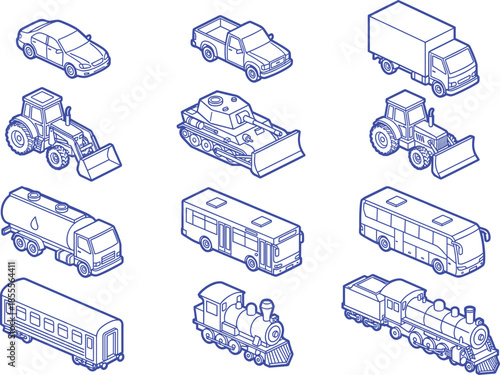 Isometric blue line transportation vehicles set including cars trucks buses tractors trains and construction machinery vector illustration for modern infographic design
