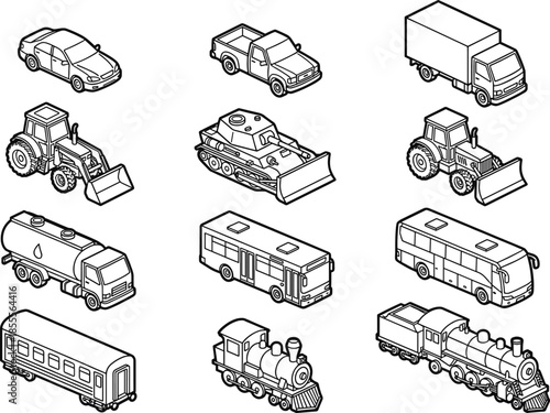 Isometric black line transportation vehicles collection featuring cars trucks buses tractors trains and construction equipment vector illustration set