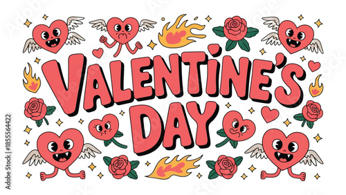 Valentine's Day Illustration: A vibrant and whimsical illustration captures the essence of love and celebration with colorful heart elements, radiant roses, and flames that add a lively appeal.